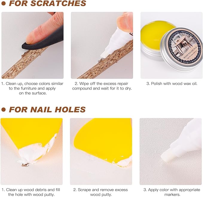 Furniture Touch Up Markers- 12 Colors, 19 Pcs Wood Scratch Repair Kit with Polish Wax and Wood Putty, Repair Wood Marker Pens for Cracks, Scratches, Holes, Stains, Doors, Floors, Tables, Cabinets