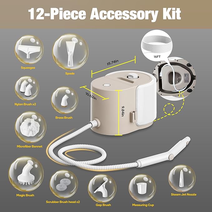 Newbealer Handheld Steamer for Cleaning, Stainless Steel Boiler, 12-Piece Accessory Kit, Max 5 Bar Pressure, Multi-Purpose Steam Cleaner for Floors, Cars, Furniture, Upholstery, and More