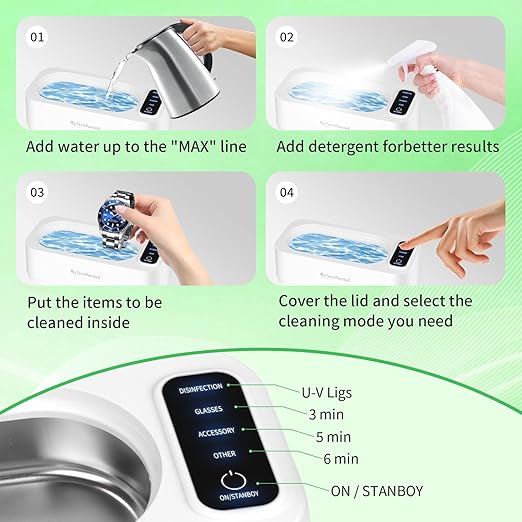 Ultrasonic Jewelry Cleaner, 47KHz Ultrasonic Jewelry, Glasses, Rings, Watch Bands Cleaner, 4 Modes, (350ML), 304 Stainless Steel Water Tank