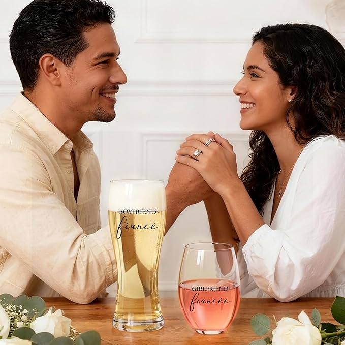 AW BRIDAL Engagement Gifts for Couples and Women, Fiance Wine Glasses and Beer Mug Set for Her, Newly Wed Gift for the Couple 2026, Mr and Mrs Wedding Beer Mug with Wine Stopper for Bride to Be
