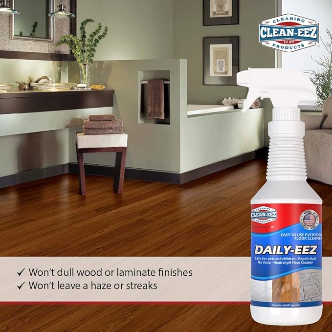 Daily Wood, Laminate, Tile, Stone Floor Cleaner from Clean-eez Streak Free Maintenance Cleaner Spray. Removes Footprints, Dirt, Spills, Repels Dust. 32 oz. RTU