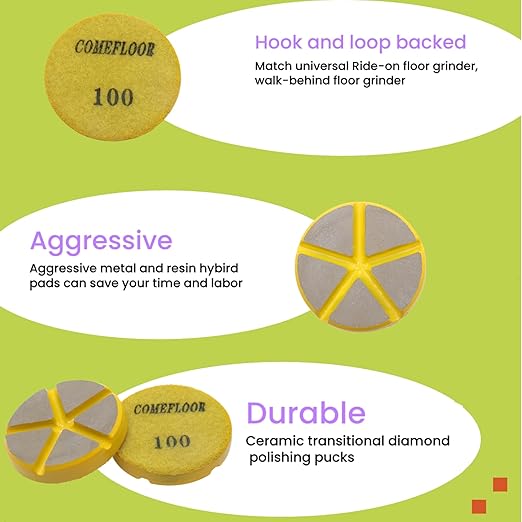 Hybrid Ceramic Transitional Diamond Polishing Pucks for Concrete Terrazzo Floor, 3 Inch Hook and Loop Aggressive Floor Grinding Discs, 100# 3PCS