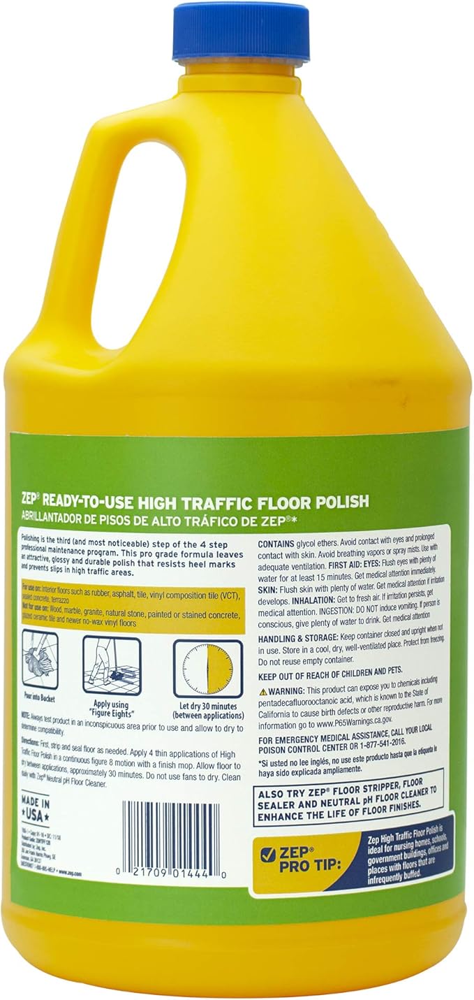 Zep Commercial High-Traffic Floor Polish, 4-1 Gallon Bottles, Professional Grade Floor Finish For a Range Of Hard Floor Surfaces (ZUHTFF128)