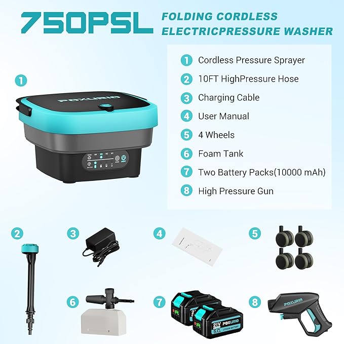 750PSI Portable Pressure Washer Cordless, 4.5Gal Tank, 4 Adjustable Pressure Electric Power Washer with 2x5.0Ah Battery & Quick Charger, 5-in-1 Nozzle, 10FT Hose, Power Cleaning for Car Washing, Patio
