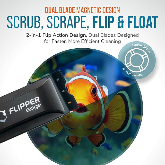 FLIPPER EDGE Standard Magnetic 2-in-1 Aquarium Cleaner for Glass and Acrylic Tanks up to 1/2" (12mm) Thick – Dual Blade Design with Floating Algae Scraper and Cleaning Tool – Black
