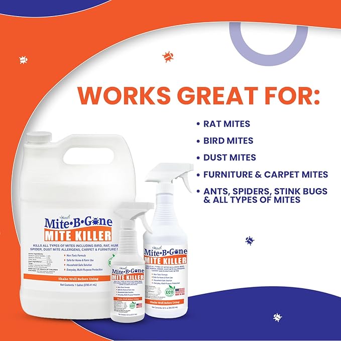 Mite Killer Treatment Spray Pack by Mite-B-Gone - Naturally Kills All Types of Mites, Human, Dust, Spider, Rat, Carpet & Bird Mites | Family & Pet Friendly | 1 Gal 4-Pack
