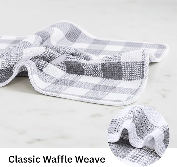 Waffle Weave Plaid Dish Cloths, 100% Cotton - 12 x 12 Inches, Ultra Soft Absorbent Quick Drying Dish Towels Buffalo Check Dish Rags for Kitchen, 8 Pack - Fall Thanksgiving - Grey & White