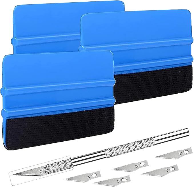 Durable Black Felt Edge Vinyl Squeegee Tool 4-Inch & Craft Knife, Car Vinyl Film Wrapping Decal Window Tint Work, Professional Scratch Free Squeegee (Pack of 3)