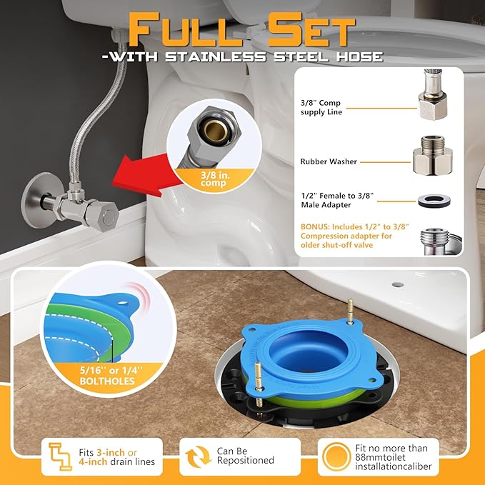 Toilet Flange Repair Kit with 16" Stainless Steel Supply Hose & Elastic Wax-Free Ring – Complete Toilet Installation Kit for 3"/4" Drain, DIY Toilet Repair Kit with No-Leak Seal