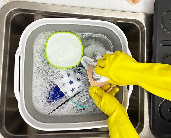 SAMMART 10L (2.64 Gallon) Collapsible Dishpan with Draining Plug - Foldable Washing Basin - Portable Dish Washing Tub - Space Saving Kitchen Storage Tray (White/Grey/White)