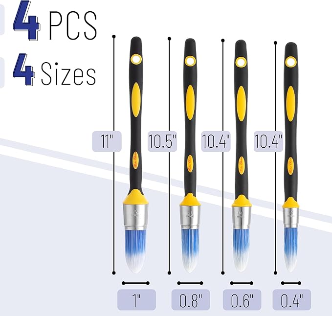 Bates- Trim Paint Brush, 4pcs, 0.4", 0.6", 0.8" & 1", Black & Yellow Handle, Trim Brushes for Painting