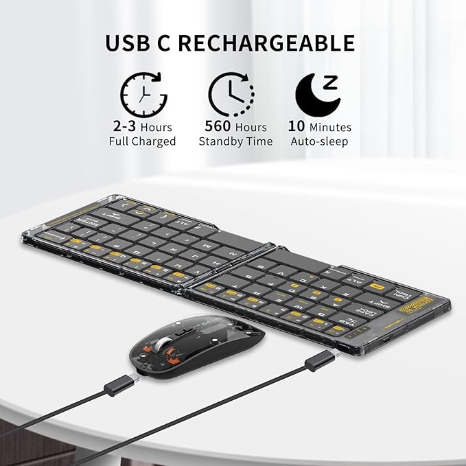 Foldable & Folding Wireless Keyboard Set Combo for iPad, Transparent Bluetooth Typepad & Mouse, Compatible with iOS, Windows, Android, Smartphones, Laptops, etc.