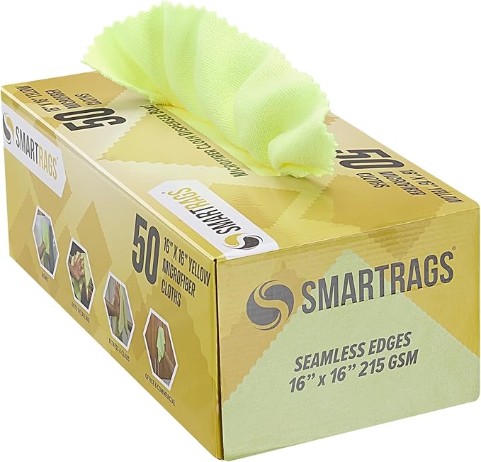 Arkwright Smart Rags Microfiber Cleaning Cloths, Pack of 50 in a Box, Lint Free 215 GSM Reusable Towels for Auto, Office and Household Cleaning, 16 x 16 in, Yellow