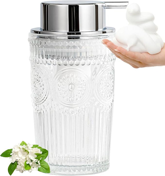 Glass Foaming Soap Dispenser - Foam Hand Soap Dispenser Bathroom, 10 OZ Clear Refillable Liquid Dispenser for Kitchen Dish Dispenser Foam Pump Silver
