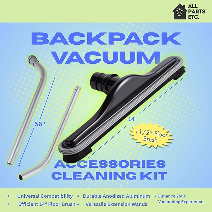 1.5 or 1 1/2 inch Backpack Vacuum Accessories Cleaning Kit - Includes 2-Piece Aluminum S-Wand & 14" Wide Replacement Floor Brush - Compatible with Pro-Team, Powr-flite, and more