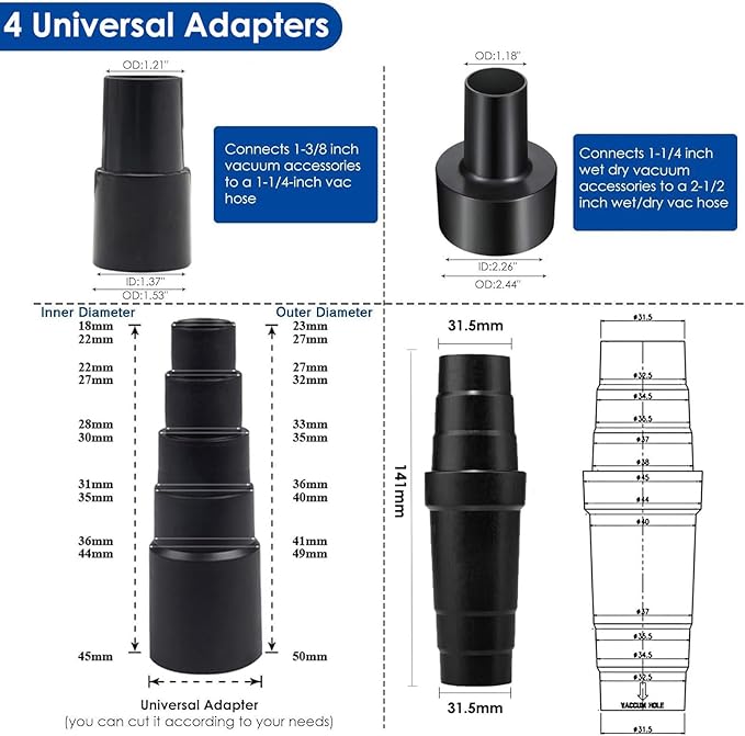 14 PCS Universal Vacuum Attachments & Brushes Kit for Shop Vac Accessories & Household Cleaning, Includes 4 Vacuum Hose Adapters, 3 Vacuum Extension Wands & Flexible Crevice Tool