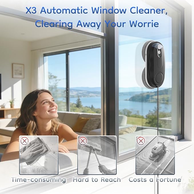 Obito X3 Window Cleaning Robot, Dual Nozzles with Ultrasonic Spray, 5.0 AI Path Planning, Max 3200Pa & Steady-Climbing System, Automatic Edge Detection, Robot Window Cleaner Inside/Outside, Black