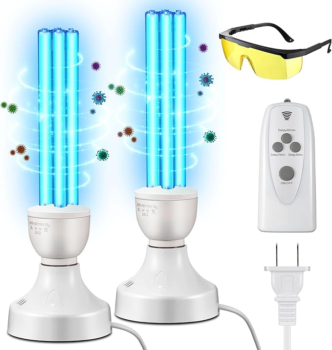 Qualirey 2 Pack 25 Watt UV Light Disinfection, UVC Light with E27 Base and Remote Control and UV Protection Glasses, Light Bulb for Basement/Bedroom/Kitchen, with Ozone