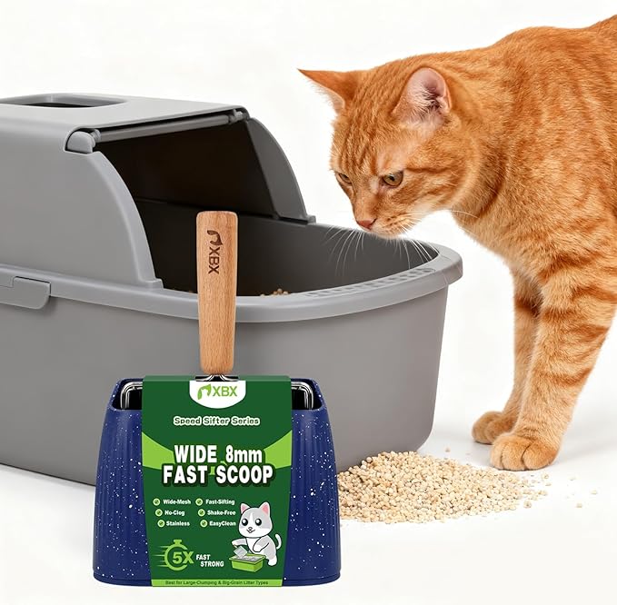 XBX Cat Litter Scoop with Holder, Sturdy Stainless Steel Litter Scooper, Wide Gap Litter Shovel with Beech Wood Handle for Easy Daily Litter Box Cleaning