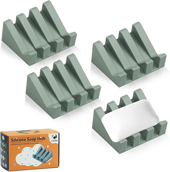 Self Draining Soap Dish Holder,Silicone Soap Dish,for Bathroom,Kitchen, Sponges，Can Extend Soap Life，Keep Soap Bars Dry and Easy Cleaning (Green,4-Pack)