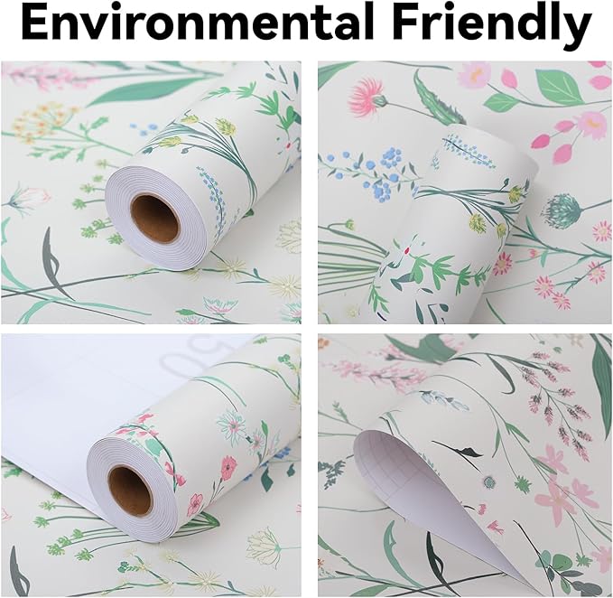 Spring Floral Wallpaper - Peel & Stick Self-Adhesive (17.5" x 393.7"), Vintage Flower Vinyl Contact Paper for Cabinets, Removable Wall Covering for Kitchen, Bathroom & Home Decor