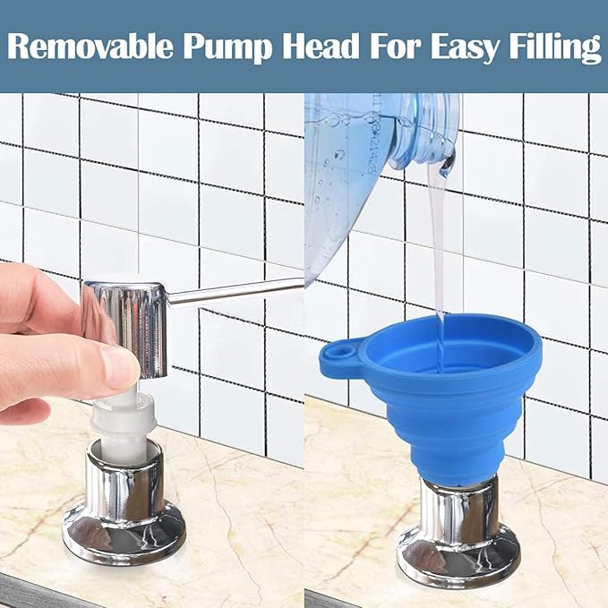 Soap Dispenser for Kitchen Sink (Chrome),Built in Design Sink Soap Dispenser, Refill from The Top, Stainless Steel Kitchen Soap Pump with 10 fl.oz Bottle (300ml)