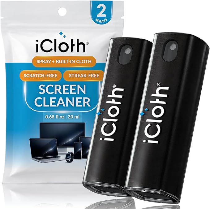 2X iCloth 2-in-1 Screen Cleaner Spray & Microfiber Cloth for Laptops, Tablets, Phones, Car Screens & Touchscreens, Streak-Free & Anti-Smudge, Large 0.68 fl oz (20ml) Bottle for Heavy Use