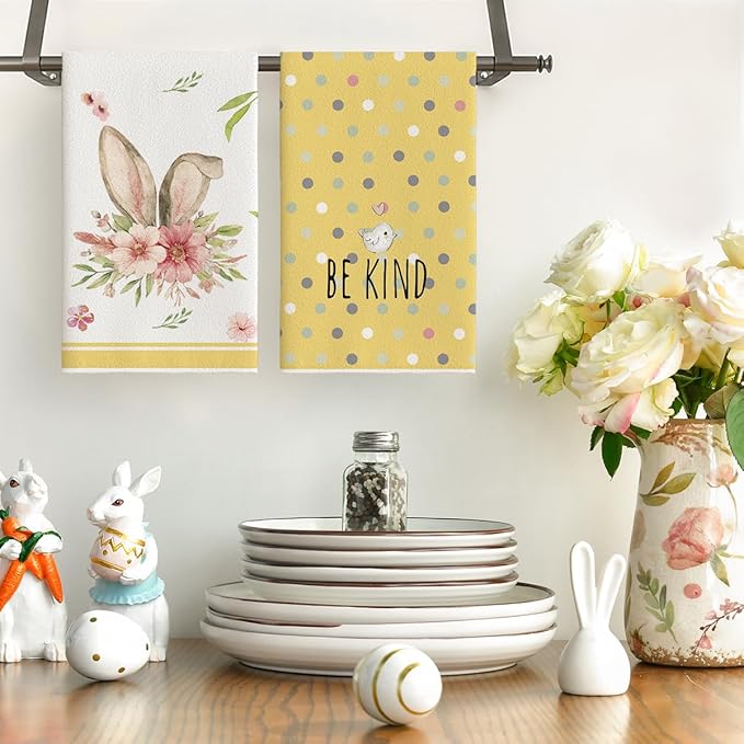 Artoid Mode Yellow Stripe Polka dots Rabbit Bunny Easter Kitchen Towels Dish Towels, 18x26 Inch Seasonal Spring Decoration Cleaning Set of 4