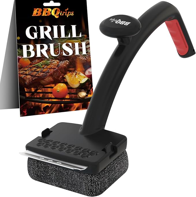 Bristle Free Grill Brush for Outdoor Grill - Safer BBQ Scrubber with Replaceable Dense Steel Fiber Woven Head - Heavy Duty Grill Cleaner & Scraper with Leverage Knob for Gas, Charcoal