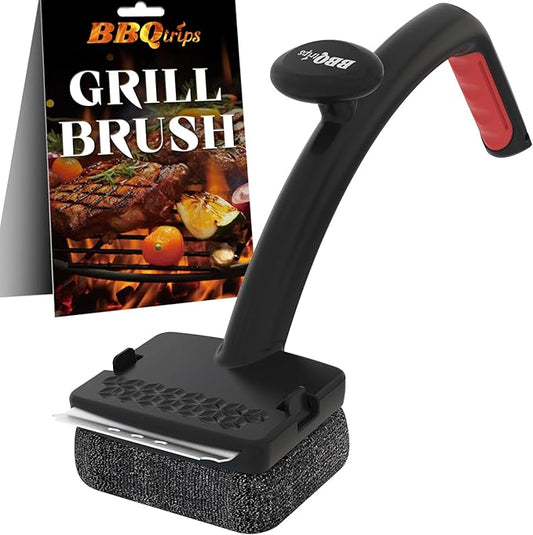 Bristle Free Grill Brush for Outdoor Grill - Safer BBQ Scrubber with Replaceable Dense Steel Fiber Woven Head - Heavy Duty Grill Cleaner & Scraper with Leverage Knob for Gas, Charcoal