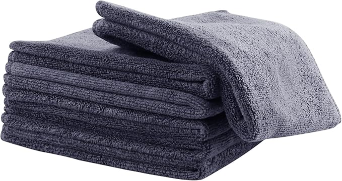6 Pack Microfiber Wash Cloth, 12x12 Inch Highly Absorbent and Soft Feel Fingertip Towels, Machine Washable Washcloths for Bathroom, Gym, Hotel, Spa and Kitchen, Convenient Hook, Grey