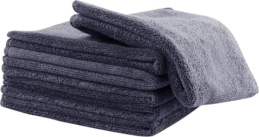 6 Pack Microfiber Wash Cloth, 12x12 Inch Highly Absorbent and Soft Feel Fingertip Towels, Machine Washable Washcloths for Bathroom, Gym, Hotel, Spa and Kitchen, Convenient Hook, Grey