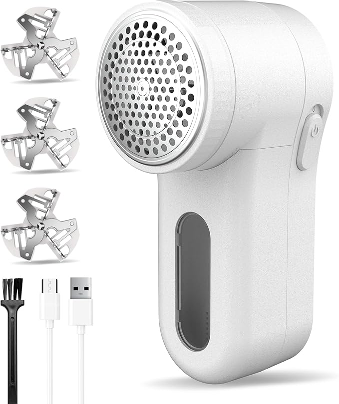 Fabric Shaver, Lint Remover Rechargeable, Electric Portable Sweater Defuzzer Digital LED Display to Remove Pilling for Clothes, Furniture, Sweater, (White with Three Shaver Blades)