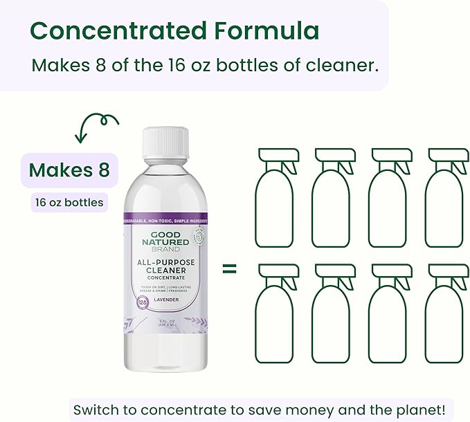 Good Natured Brand All-Purpose Cleaner Concentrate | Multi-Surface Cleaner | Natural Lavender Essential Oil | Multipurpose Cleaner Concentrate All Surfaces | Lavender | 8oz makes 128oz