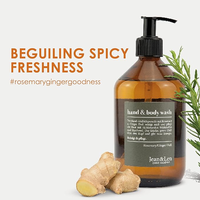 Jean & Len Hand & Body Wash Liquid, Spicy fresh scent Rosemary & Ginger, Hand and Body refillable Liquid, 100% vegan, without silicones, parabens and microplastics 16.9 Fl. Oz.