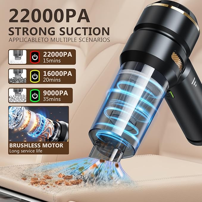 Handheld Vacuum Cordless, 22000PA High Power Car Vacuum Portable with Air Duster, Washable Filter, Rechargeable for Pet Hair, Home, Office, Auto Cleaning (Black)