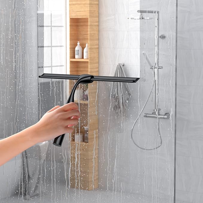 Black Shower Squeegee for Glass Door 12-Inch Bathroom Squeegee Window Wiper, with Shower Door Hook, Adhesive Hook, Spare Silicone Blade for Window Mirror Car All-Purpose Squeegee