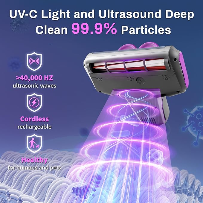 Cordless Mattress Vacuum Cleaner, 16kpa Bed Vacuum Cleaner with 253.7nm Uv-C Light & Ultrasonic Tech Dual Bins for Dust & Widen Suction Port 120w for Bed Sofa & Pet Hair(Purple)