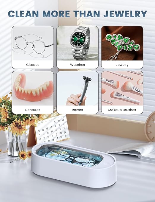 Ultrasonic Jewelry Cleaner, Professional 45KHz Ultrasonic Cleaner Machine for Jewelry, Rings, Glasses, Retainers, Watch Strap, Dentures, Mouthguard, Razors, 14.88 oz 304 Stainless Steel (White)