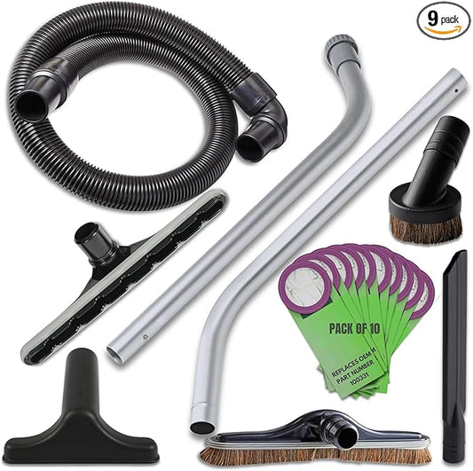 1.5” Backpack Vacuum Accessory Kit Includes Hose, 2-Piece Aluminum S-Wand, 14” Floor & Scallop Brushes, Dust & Upholstery Tools, 15” Crevice Tool, 10-Pack 100331 Vacuum Bags–10 Qt Size