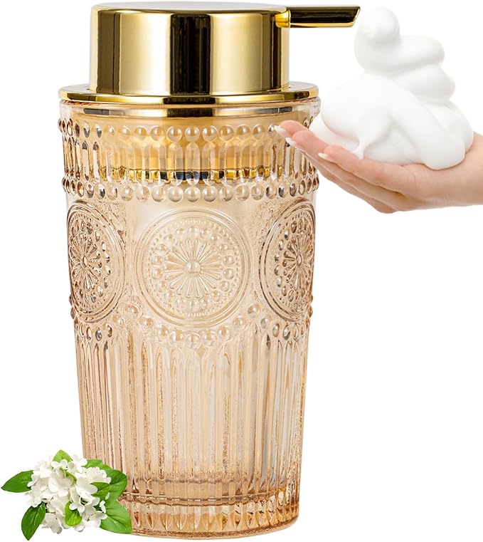 Gold Glass Foaming Soap Dispenser - Hand Soap Foam Dispenser for Bathroom, 10 OZ Refillable Dish Liquid Foam Hand Wash Dispenser for Kitchen