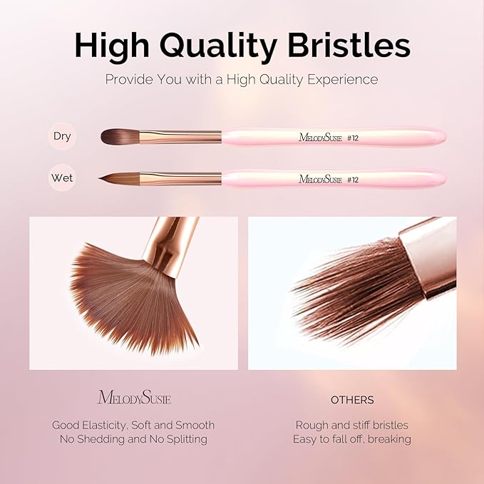 MelodySusie 3Pcs Acrylic Nail Brush Set, Size 8/12/14 for Extension and 3D Carving,DIY Home Salon Manicure Tool, Pink