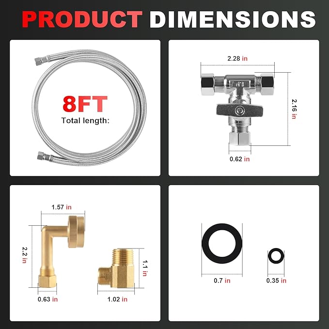 Dishwasher Installation Kit, 8ft,Dishwasher Water Supply Line, Stainless Steel Braided Burst Proof Hose ⅜"by⅜" Kit With Tee Stop Valve