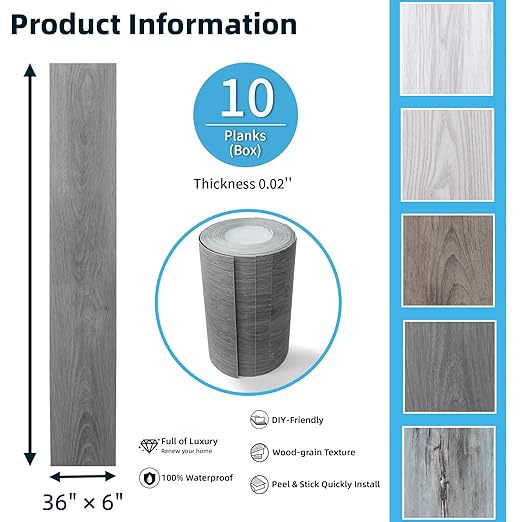 Art3d 15 Sq.ft Peel and Stick Floor Tiles, 10Pcs Luxury Vinyl Plank Flooring Wood Look, 36" × 6" Adhesive and Waterproof Tile Sticker for Bedroom, Living Room, Kitchen, Gray