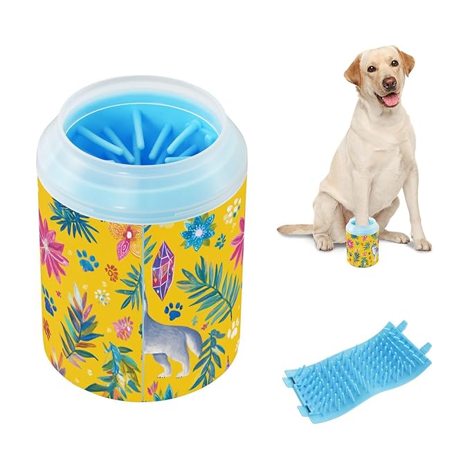Dog Paw Cleaner Cups for Dogs Pet Foot Washer Paw Scrubber for Medium Small Large Dogs Cats Cleaning Cup Yellow Wolves Castle Paw Prints
