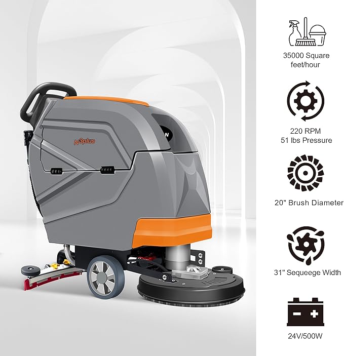 PENNON N3Plus Self-Propelled Walk-Behind Floor Scrubber - 20" Cleaning Path, 31" Squeegee, 13-Gal Recovery Tank, 220 RPM, Forward & Reverse Drive, One-Touch Noise Reduction, Complete Kit