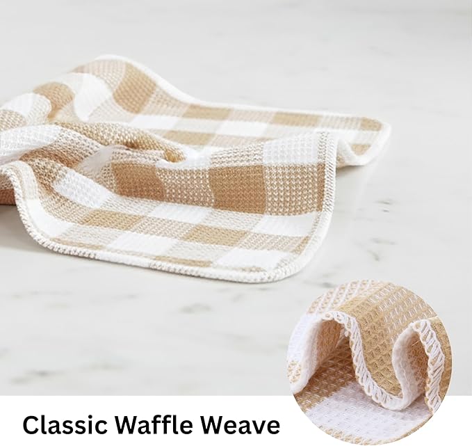 PurpleEssences Waffle Weave Plaid Dish Cloths, 100% Cotton, 12x12 Inch, Soft Absorbent Quick Drying Buffalo Check Dish Rags for Kitchen, 8 Pack, Christmas Holiday Winter - Beige & White