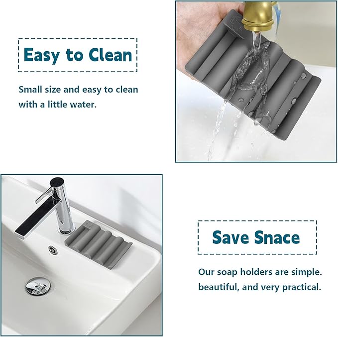 Silicone Soap Dish,Self Draining Soap Holder Perfect for Shower,Bathroom Sink,Kitchen Sink & Travel,Non-Slip Bar Soap Holder Extend Soap Life,Keep Soap Bars Dry & Easy Cleaning (White+Grey)-2Pcs