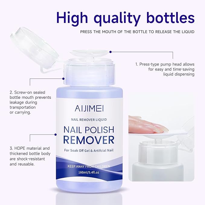 AIJIMEI 160ml Gel Nail Polish Remover Pump Dispenser Portable Acetone Nail Polish Gel Remover for Nail Art Easy to Handle Residual Nail Oil for Daily Nail Polish Remover Helper