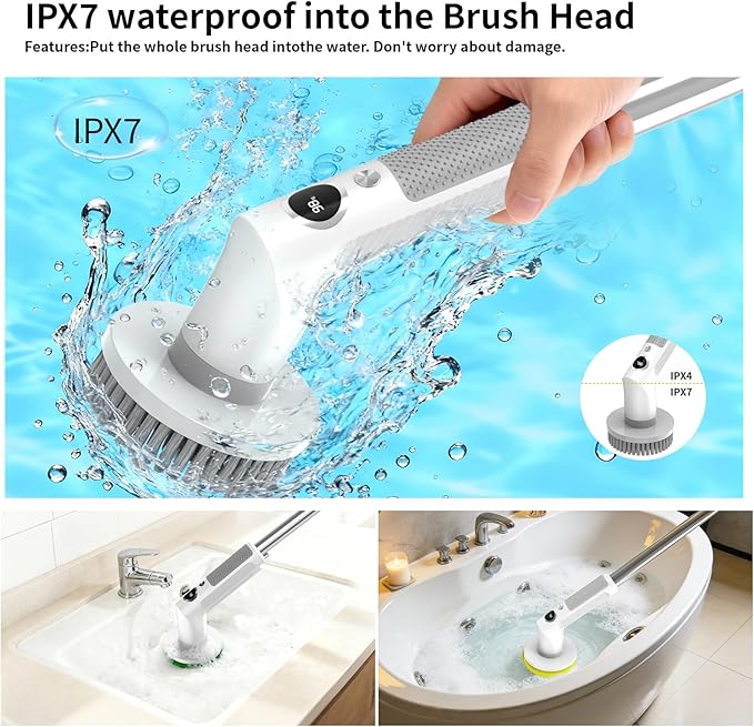 Electric Spin Scrubber, Cordless Cleaning Brush，IPX7 Waterproof Bathroom Scrubber with Adjustable Extension Handle & Battery Level Display for Bathroom Kitchen Car (ECB-S8)